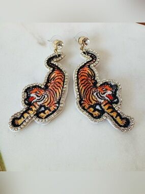 Embroidered Tiger Rhinestone Statement Earrings Gold Tone